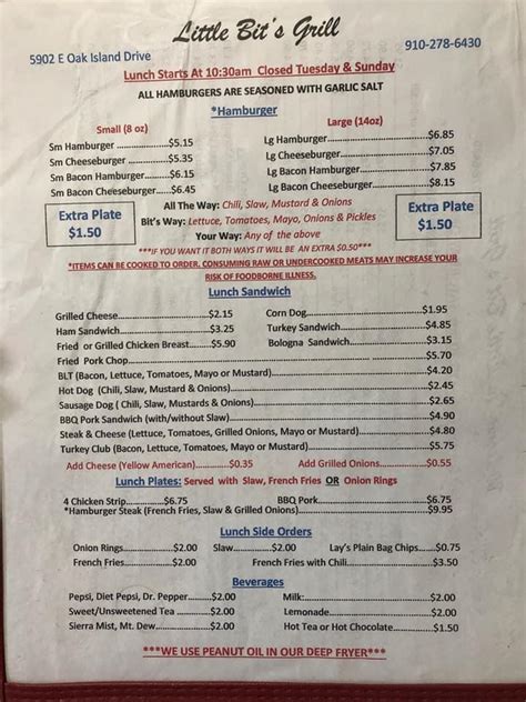 Menu At Little Bits Grill Restaurant Oak Island