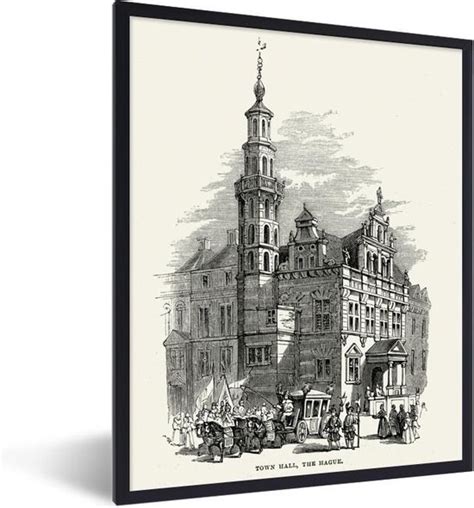 Fotolijst Incl Poster Zwart Wit Tekening Van Het Stadhuis Van Den