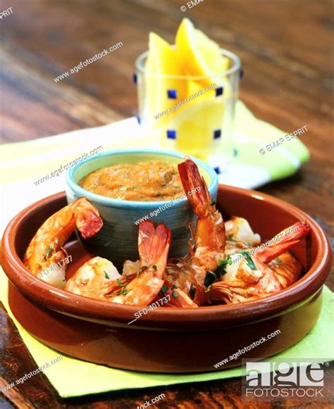 Grilled Prawns With Romesco Sauce Stock Photo Picture And Rights