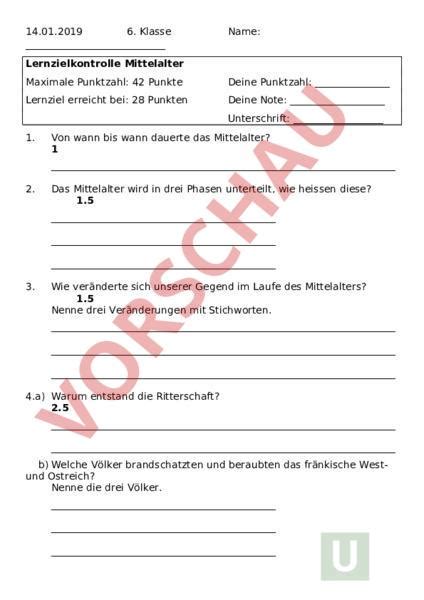 Arbeitsblatt Lernkontrolle Mittelalter Geschichte Mittelalter