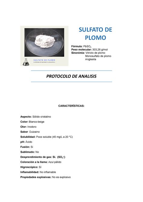 Modelo De Protocolo Sulfato De Plomo Sulfato De Plomo F Rmula Pbso