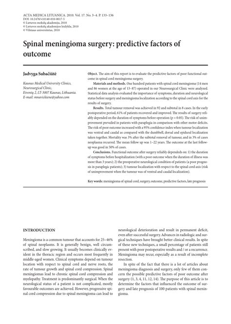 PDF Spinal Meningioma Surgery Predictive Factors Of Outcome