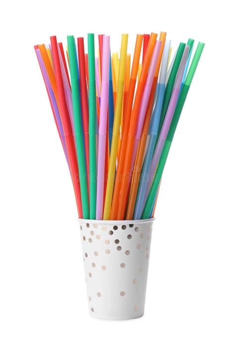 Paper Cup with Many Colorful Cocktail Straws on White Background Stock ...