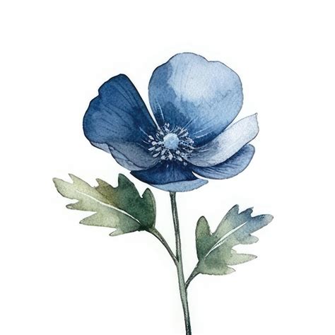 Un Dibujo De Acuarela De Una Flor Azul Con Hojas Foto Premium