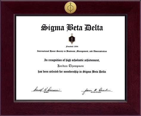 Sigma Beta Delta Honor Society Century Gold Engraved Certificate Frame