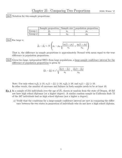 Ch 23 Last Handout M243 Winter 17 Chapter 23 Comparing Two