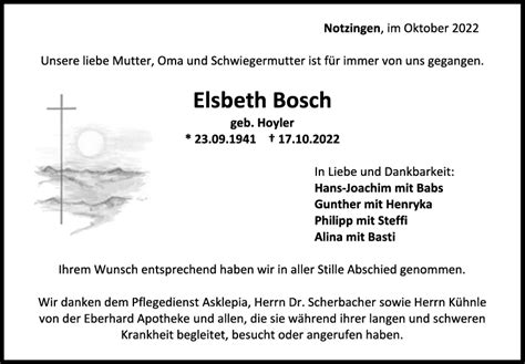 Trauer Elsbeth Bosch 29 10 2022 Teckbote Trauerportal