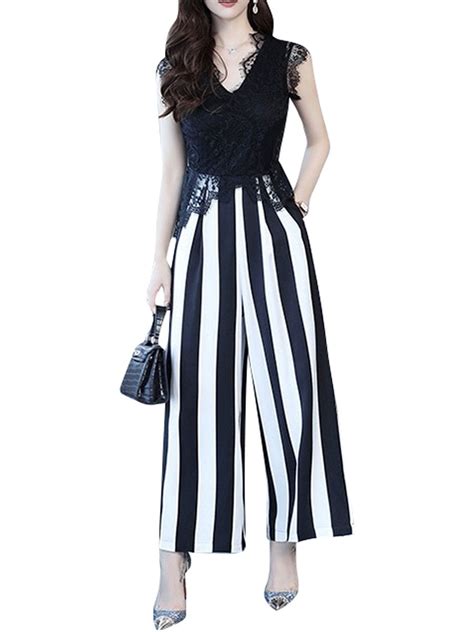 Buy Womens Jumpsuit Chic Lace V Neck Sleeveless Striped Wide Leg Suit