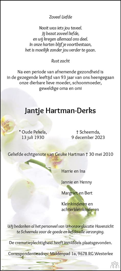 Jantje Hartman Derks Overlijdensbericht En Condoleances