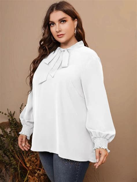 Shein Modely Plus Tie Neck Lantern Sleeve Blouse Shein Usa