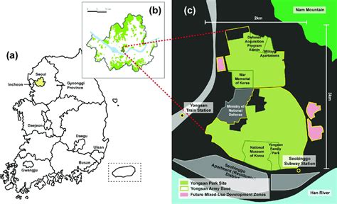 Yongsan Park development project location. (a) Map of South Korea (b ...