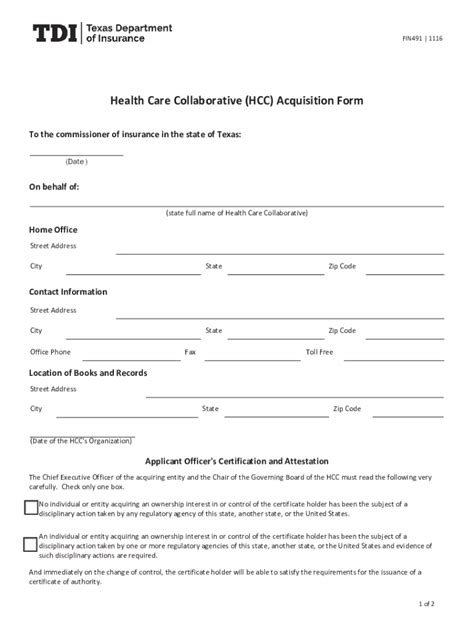 Fillable Online Hcc Acquisition Form Texas Department Of Insurance