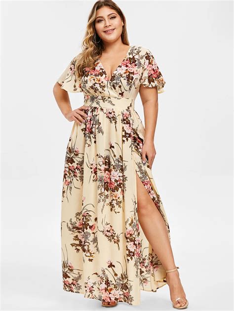 Wipalo Plus Size Plunging Neck Floral Split Maxi Dress High Wasit V