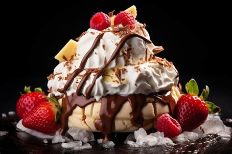 Un Helado De Chocolate Y Vainilla Con Sirope De Chocolate Y Fresas Por