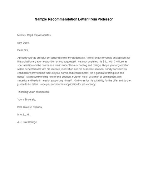 Letter Of Recommendation Professor Template