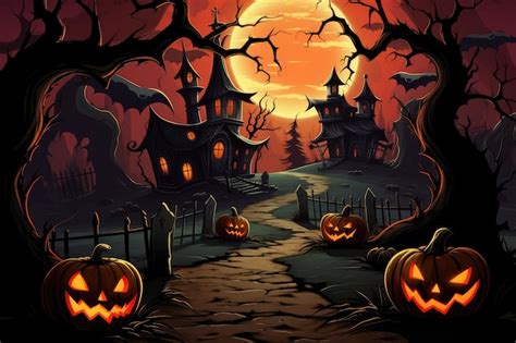 Premium Ai Image Halloween Background With Haunted House And Pumpkins