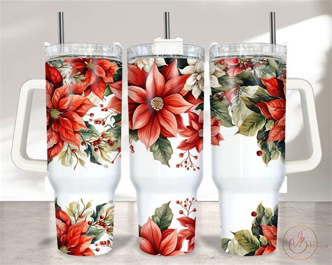 Poinsettia Christmas 40oz Quencher Tumbler Sublimation Design Christmas