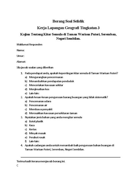 Borang Soal Selidik Geografi Form3 Pdf