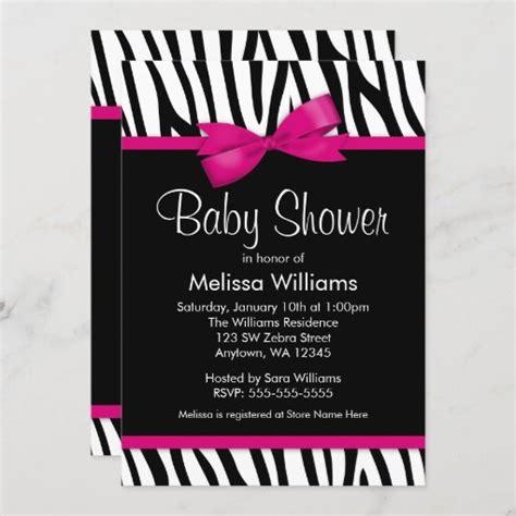 Zebra Hot Pink Printed Bow Baby Shower Invitation Zazzle