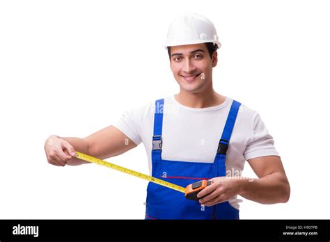 Man With Tape Measure Isolated On White Stock Photo Alamy