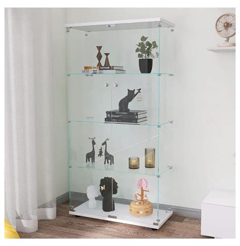 Superwum Modern 4 Tier Two Door Glass Display Cabinet Shelves With Door Floor Standing Curio