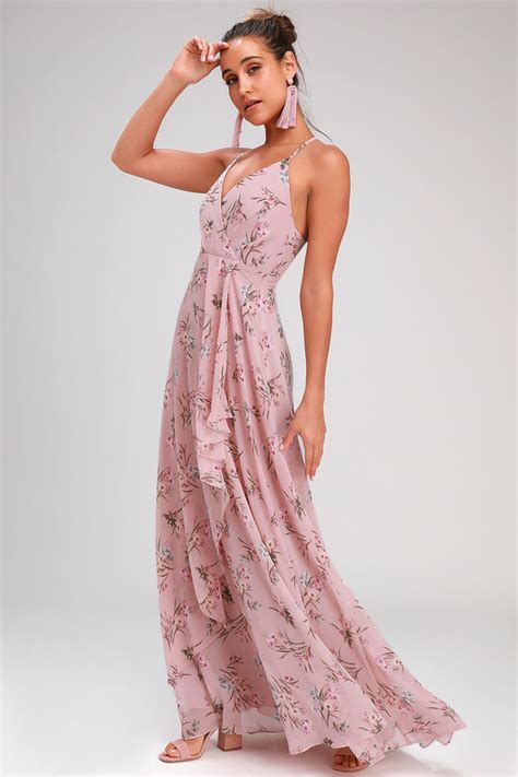 Lovely Mauve Pink Floral Print Dress Surplice Maxi Dress Maxi Lulus