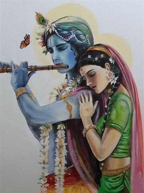 Lord Krishna Playing Flute With Radha Hand Painted Painting On Canvas