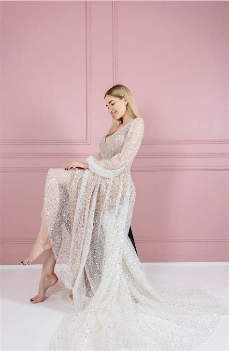 Sequin Wedding Dress Long Sleeve A Line Sequin Wedding Dress With