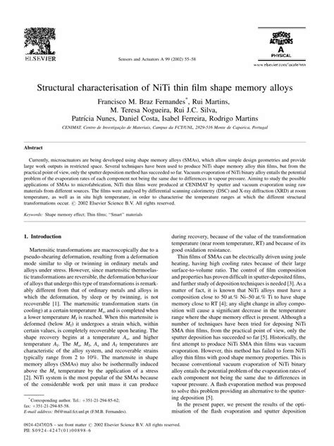 Pdf Structural Characterisation Of Niti Thin Film Shape Memory Alloys