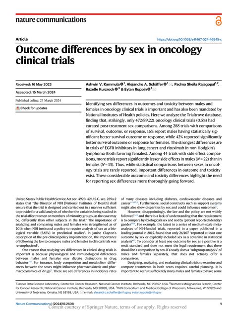 Pdf Outcome Differences By Sex In Oncology Clinical Trials