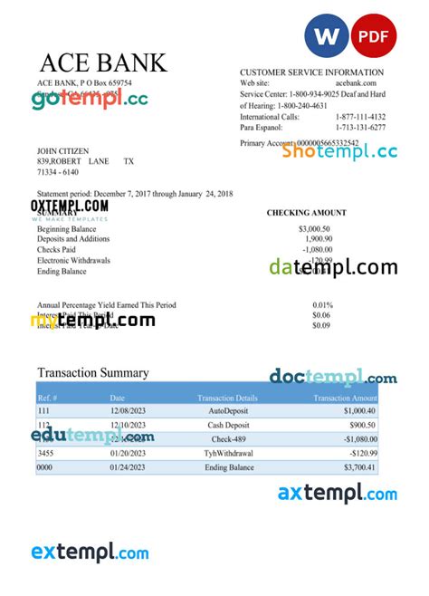 Usa Ace Bank Statement Word And Pdf Fake Template Faketemplate Ru