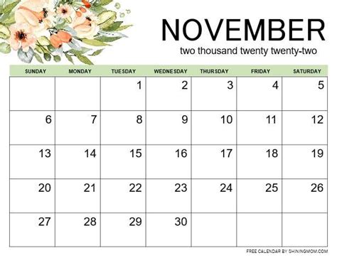 November Calendar Printable Landscape