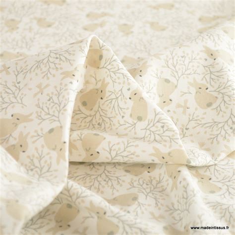 Tissu Coton Tamkanin Motifs Animaux Et Arbres Fond Blanc Oeko Tex