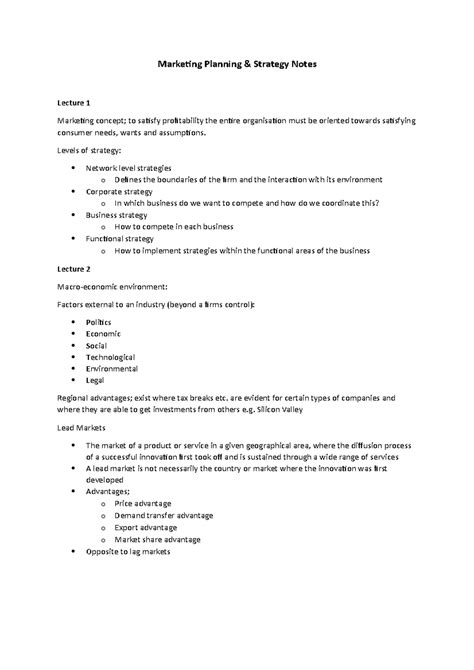 Marketing Planning And Strategy Notes Marketing Planning And Strategy