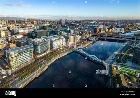 Aerial View From Drone Of River Clyde And Skyline Of Glasgow City