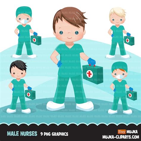 Male Nurse Clipart With Mask Green Scrubs Hospital Graphics Print And