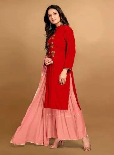 Printed Ladies Red Embroidered Cotton Palazzo Suit A Line At Rs 499