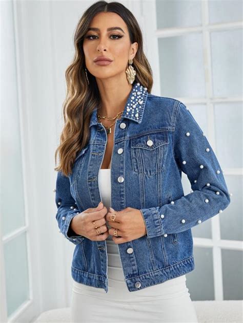 Shein Essnce Pearls Beaded Flap Pocket Denim Jacket For Sale Australia