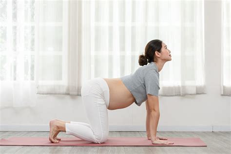 Happy Attractive Asian Pregnant Woman Berlatih Cat Cow Pose Untuk