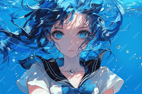 Premium Photo Anime Japanese Girl Big Blue Eyes On Sea