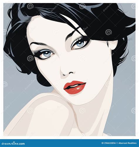 An Illustration Of A Woman With Black Hair And Red Lips Stock