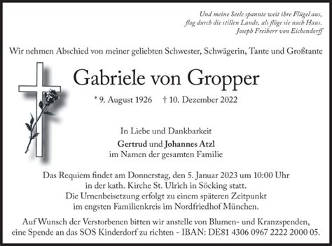 Traueranzeigen Von Gabriele Von Gropper Trauer Merkur De