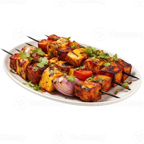 paneer tikka   white plate isolated  transparent background