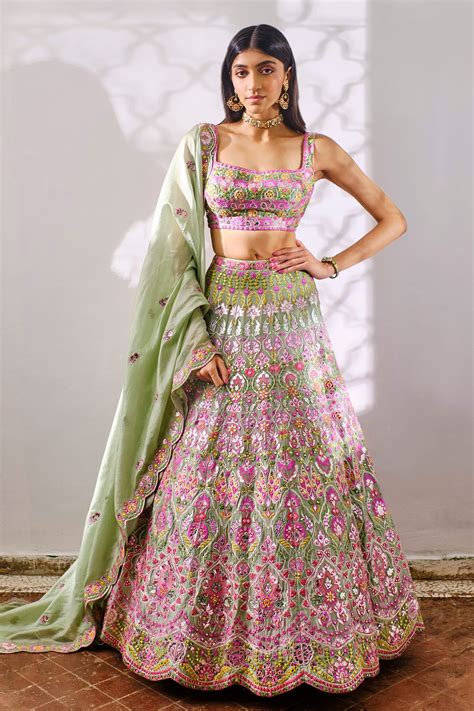 Buy Green Silk Organza Embroidered Floral Square Neck Bridal Lehenga