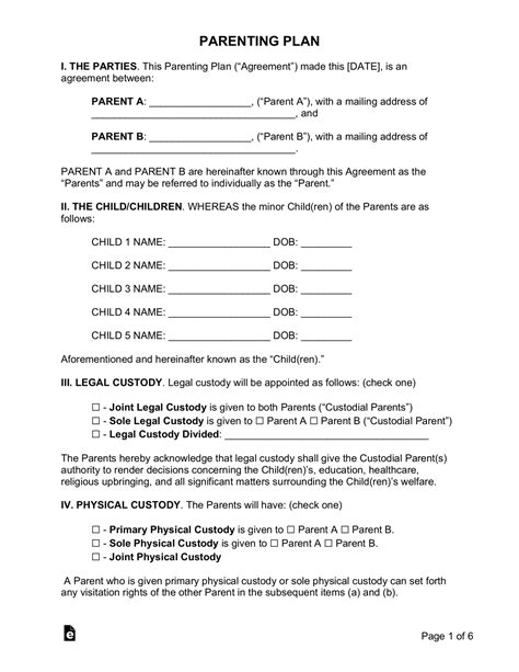 Free Custody Parenting Plan Agreement Template Pdf Word Eforms