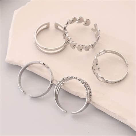 Kpop Style Stacking Rings Made Stainless Steel Trendy Leaf Temu