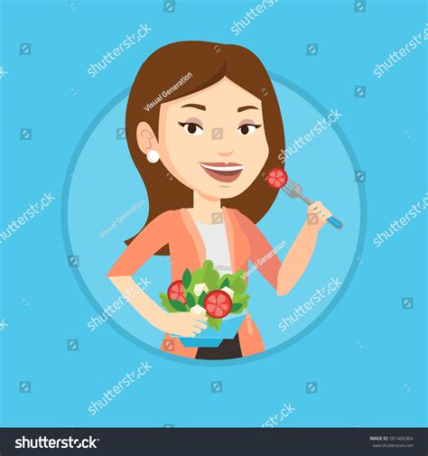 Caucasian Woman Eating Healthy Vegetable Salad Stock Vector Royalty