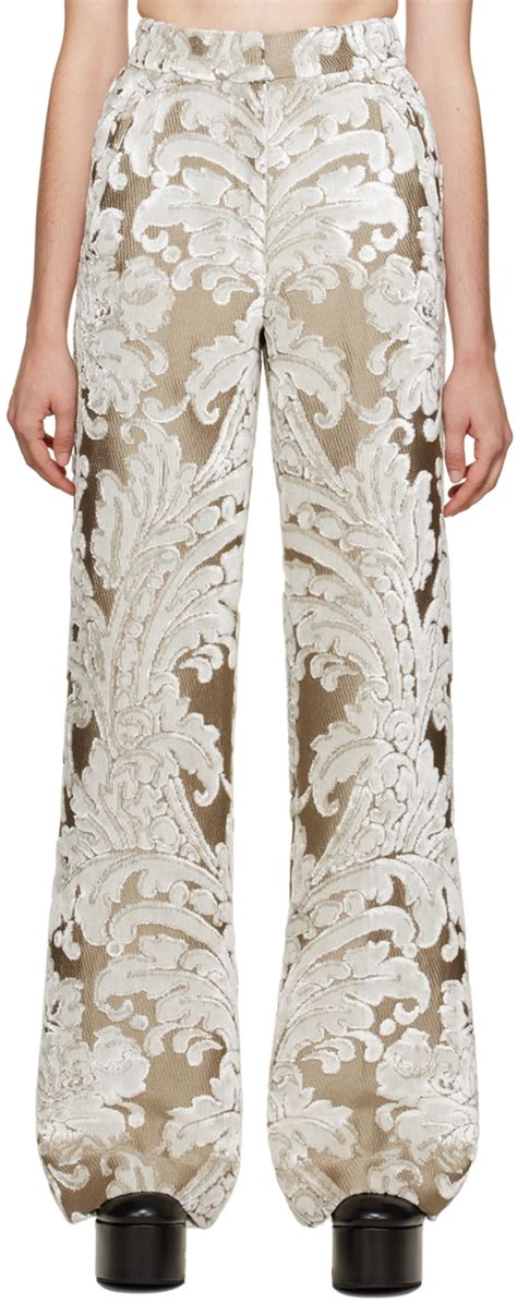 Dries Van Noten Pantalon Brun Clair Et Blanc Cass Motif Graphique