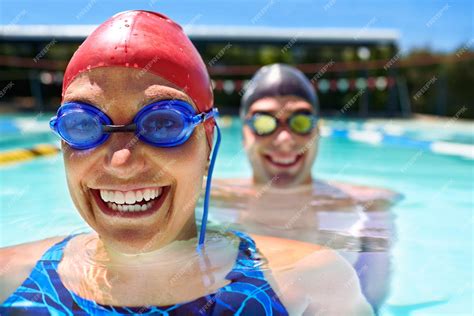 Premium Photo Goggles Portrait Or Happy Couple In Swimming Pool For