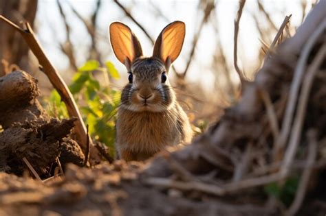 Un Conejo Con Orejas Que Sobresalen Del Suelo Foto Premium